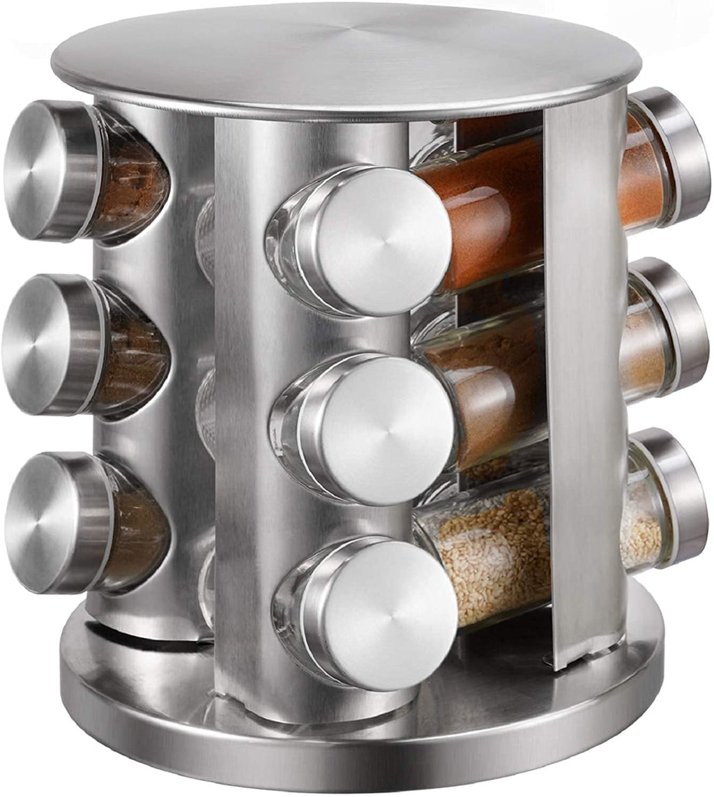 Spice Rack 12 Jars Revolving Countertop, Spice Organizer Tower, Spice Carousel Stand Holder Stainless Steel Top Glass Jars for Kitchen 1pcs