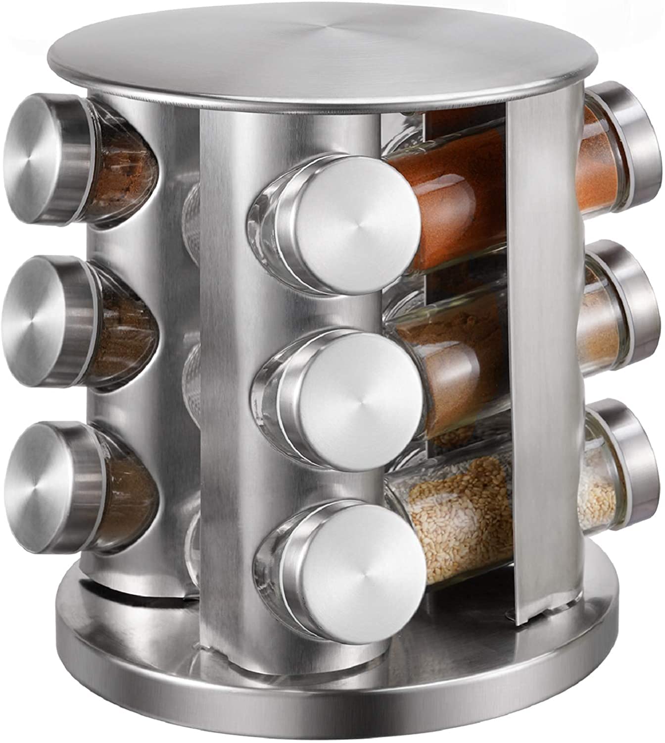 Spice Rack 12 Jars Revolving Countertop, Spice Organizer Tower, Spice Carousel Stand Holder Stainless Steel Top Glass Jars for Kitchen 1pcs
