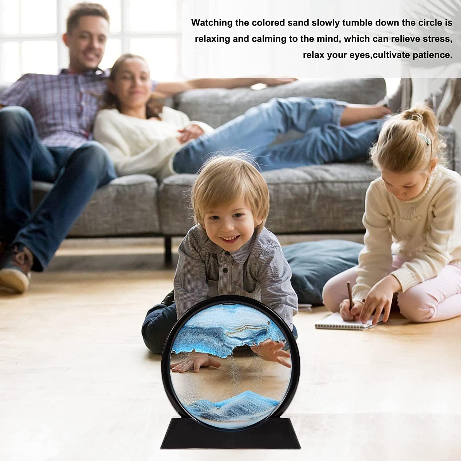3D Moving Sand Art Picture Glass Liquid Painting Natural Landscape Showpieces for Home Decor, Antique Gifts for Kids, Office Desktop Decoration, Desk Table Decorative Items (Blue)