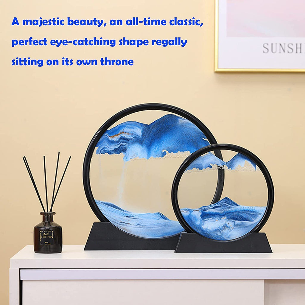 3D Moving Sand Art Picture Glass Liquid Painting Natural Landscape Showpieces for Home Decor, Antique Gifts for Kids, Office Desktop Decoration, Desk Table Decorative Items (Blue)