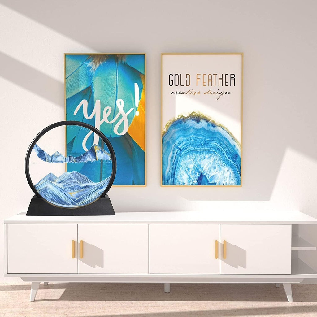 3D Moving Sand Art Picture Glass Liquid Painting Natural Landscape Showpieces for Home Decor, Antique Gifts for Kids, Office Desktop Decoration, Desk Table Decorative Items (Blue)