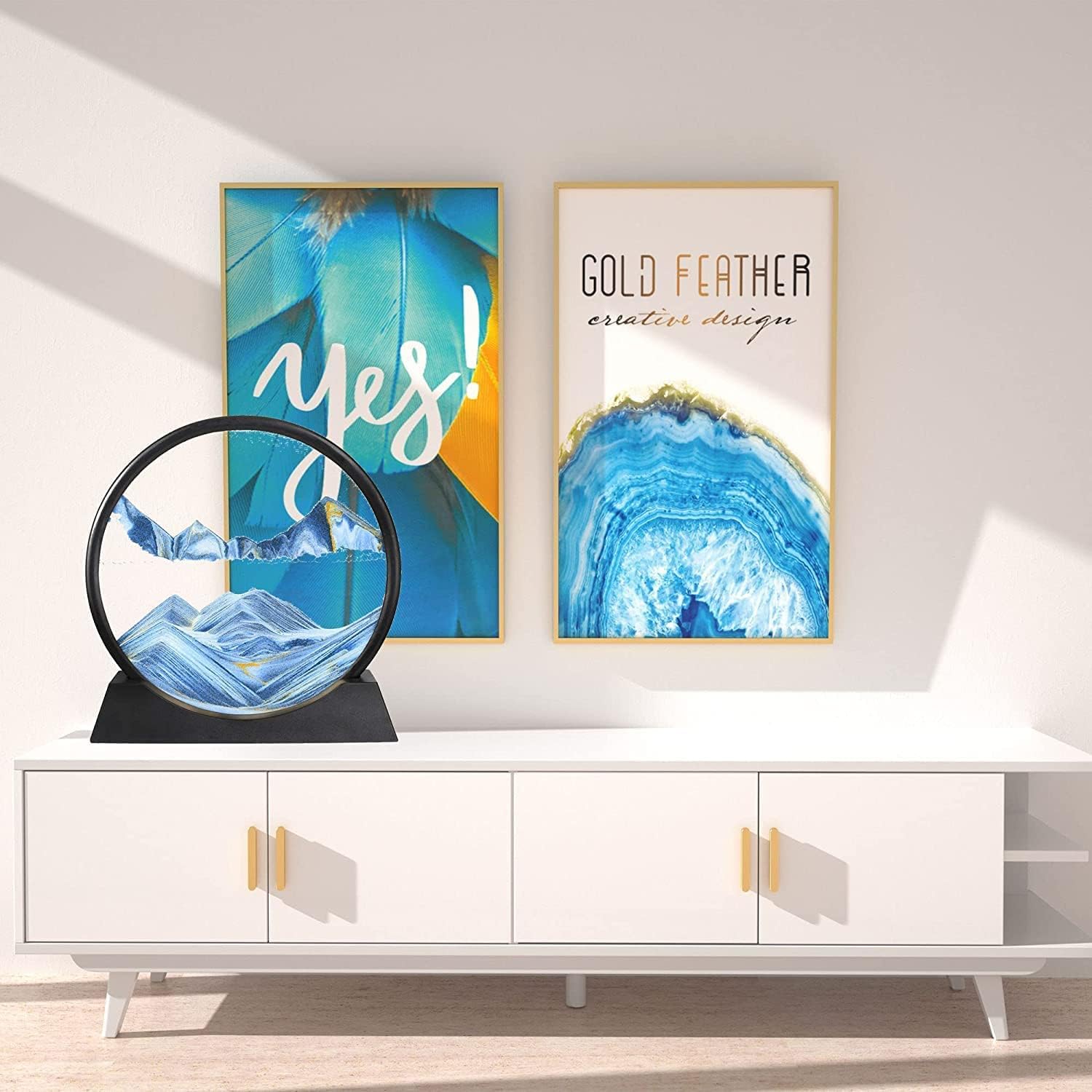 3D Moving Sand Art Picture Glass Liquid Painting Natural Landscape Showpieces for Home Decor, Antique Gifts for Kids, Office Desktop Decoration, Desk Table Decorative Items (Blue)