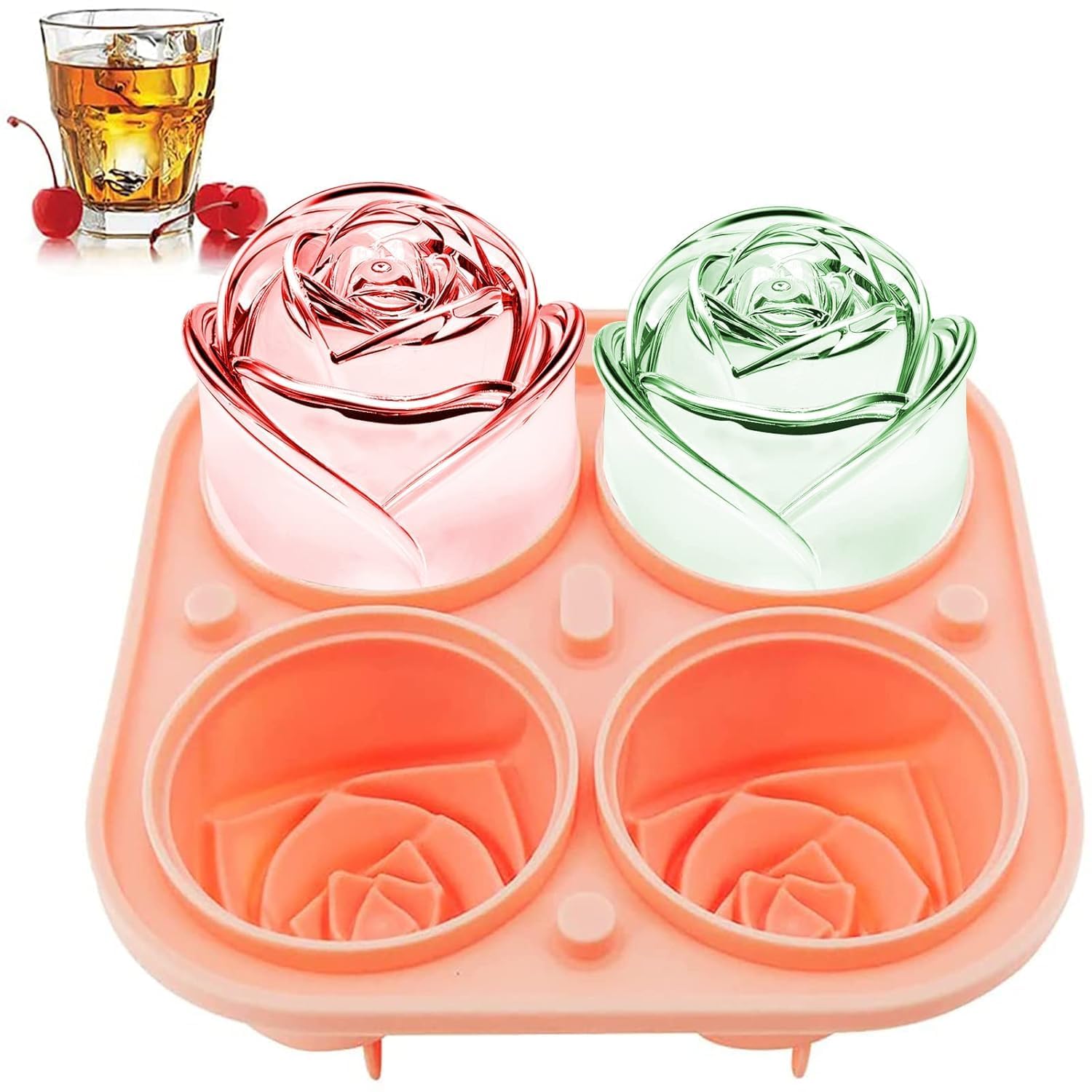 Pieces 3D Rose Ice Cube Mold and Heart Shape Ice Cube Tray Silicone Ice Mold 4 Flower Ice Ball Maker for Whiskey Freezer Cocktails Drinks Brandy
