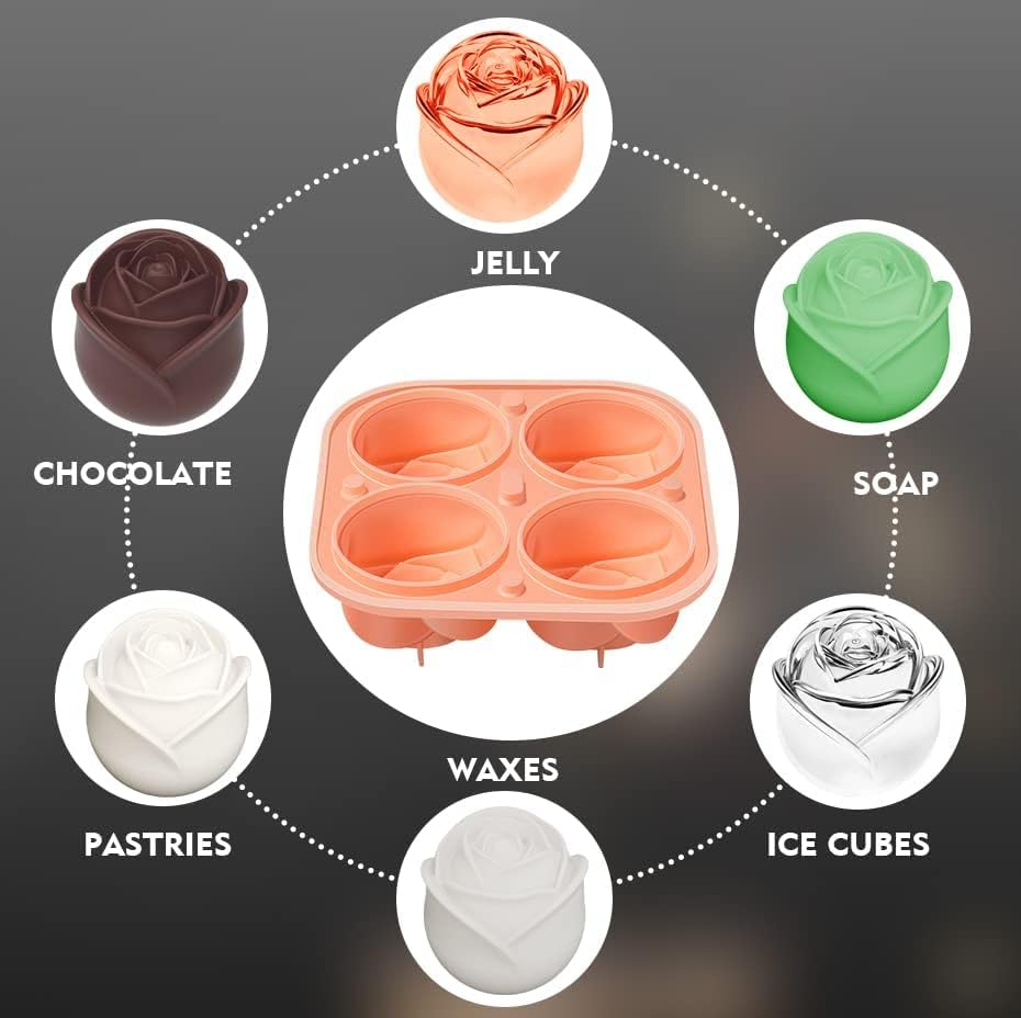 Pieces 3D Rose Ice Cube Mold and Heart Shape Ice Cube Tray Silicone Ice Mold 4 Flower Ice Ball Maker for Whiskey Freezer Cocktails Drinks Brandy