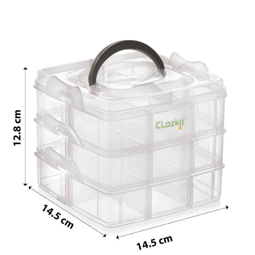 Jewellery Organisers Plastic 3 layer 18 Grid Square Portable Transparent Storage Detachable Box Organizer Case for jewelry sewing button earrings Hair (Transparent), 14.5x14.5 cm