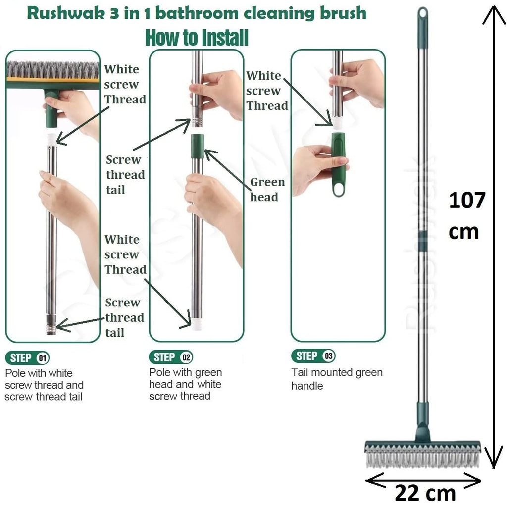 3 in 1 Long Handle Bathroom Cleaning Brush with Wiper, 180° Rotate for Floor/Toilet Cleaning