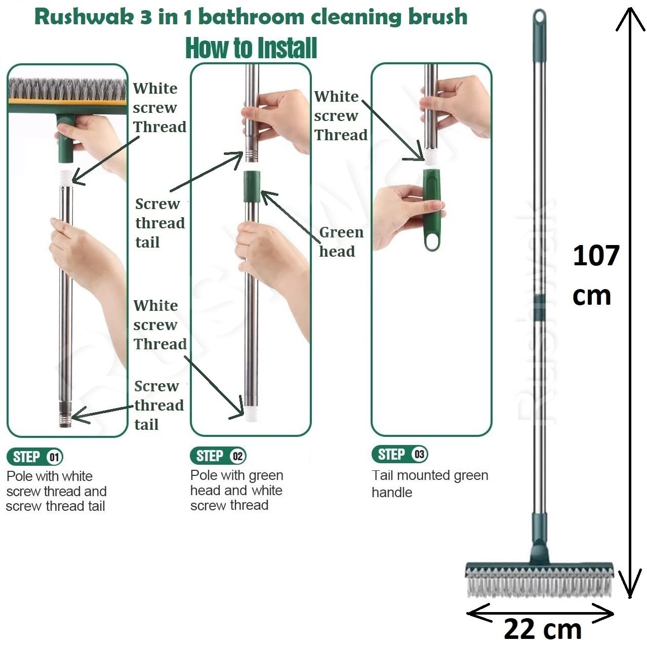 3 in 1 Long Handle Bathroom Cleaning Brush with Wiper, 180° Rotate for Floor/Toilet Cleaning