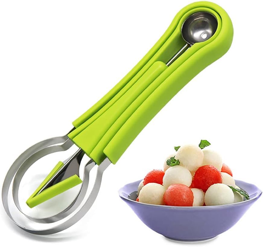 ZYOZ 4 in 1 Melon Baller Scoop Set || Stainless Steel Watermelon Cutter Fruit Carving Tools Set || Fruit Scooper Seed Remover Watermelon Knife for Vegetable, Salad, Ice Cream (‎Melon Baller Scoop) Main image