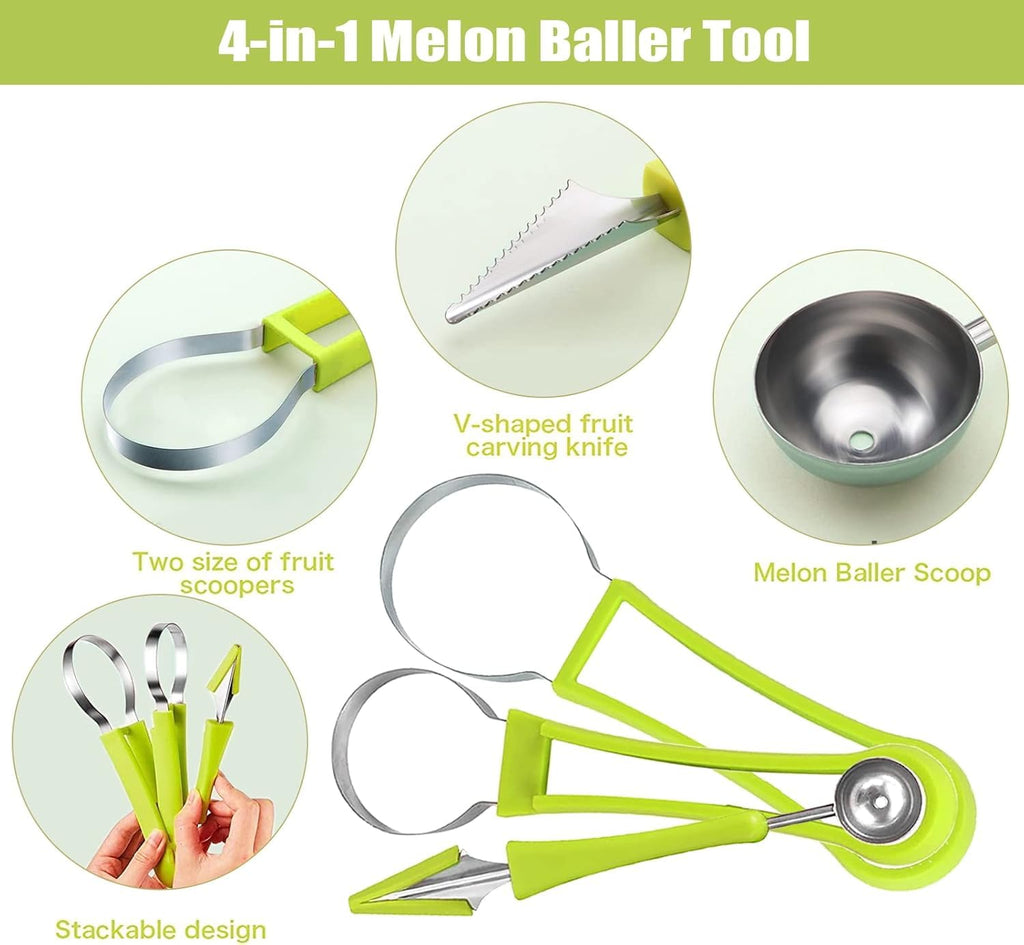 4 in 1 Melon Baller Scoop Set || Stainless Steel Watermelon Cutter Fruit Carving Tools Set || Fruit Scooper Seed Remover Watermelon Knife for Vegetable, Salad, Ice Cream (‎Melon Baller Scoop)