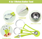 4 in 1 Melon Baller Scoop Set || Stainless Steel Watermelon Cutter Fruit Carving Tools Set || Fruit Scooper Seed Remover Watermelon Knife for Vegetable, Salad, Ice Cream (‎Melon Baller Scoop)