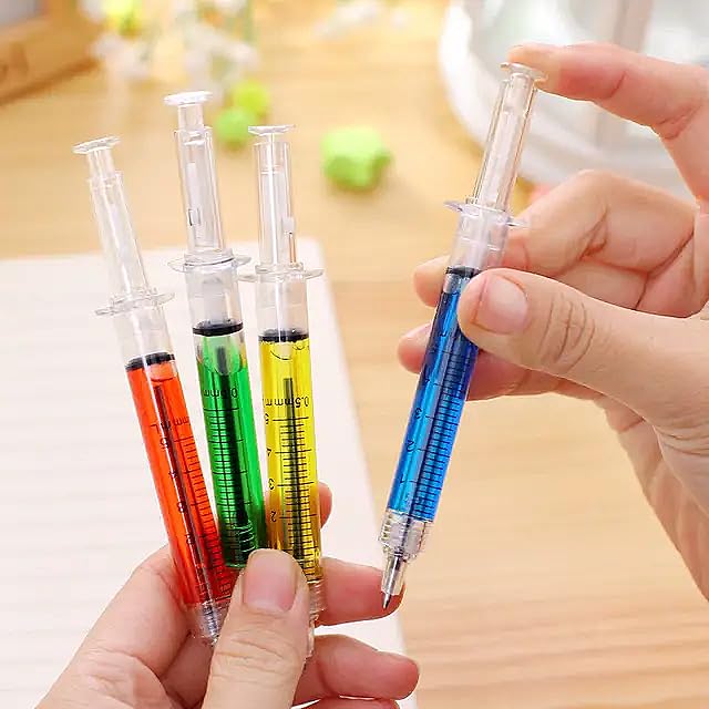 Injection pens, Novelty Syringe Design Ballpoint Pens, Multi-Color, Pack of 4