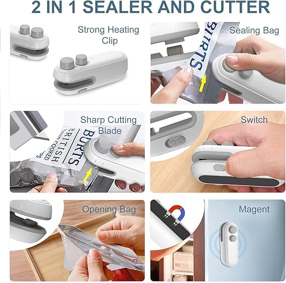 Mini Bag Sealer, Rechargeable 2 in 1 Bag Sealer Heat Seal with Cutter, Portable Bag Resealer for Chip Bags, Plastic Bag Sealer Machine for Snacks and Freshness Food Storage