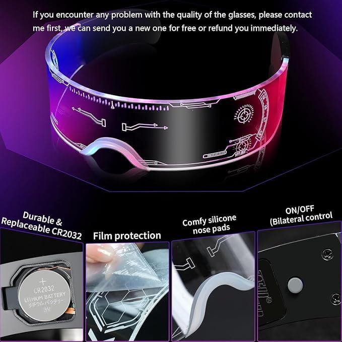 ZYOZ LED Light Up Rave Techno Sunglasses, Cyberpunk DJ Party Glasses, 7 Color Effects, 5 Flash Modes, for Festivals, Night Clubs and Night Events. Unisex