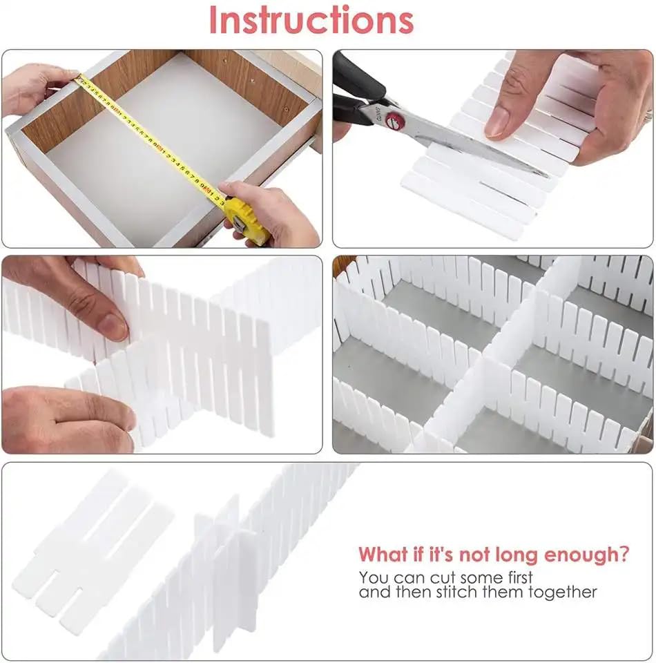 8 Adjustable Strips Interlocking Self Assembly Plastic Drawer Divider Storage Organizer - Grid Closet Partition Strips for Home, Office, Wardrobe, Cabinet (Pack of 8)
