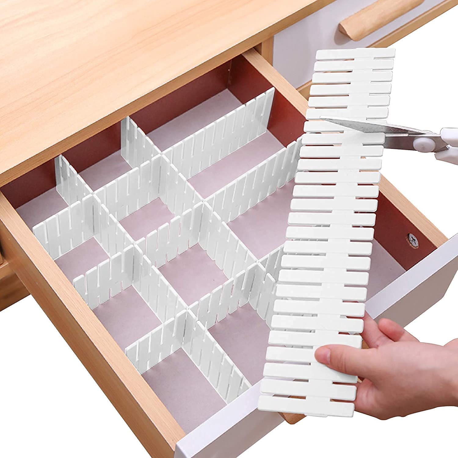 ZYOZ 8 Adjustable Strips Interlocking Self Assembly Plastic Drawer Divider Storage Organizer - Grid Closet Partition Strips for Home, Office, Wardrobe, Cabinet (Pack of 8) Main image