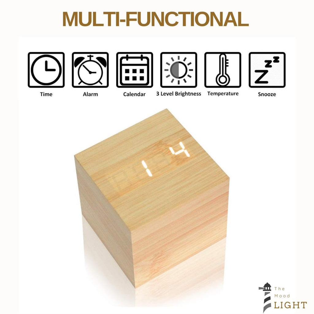 Modern Wooden Digital LED Cube Clock with Alarm, Temperature Display, Snooze, Voice Control, and Energy-Saving Mode (Wood)