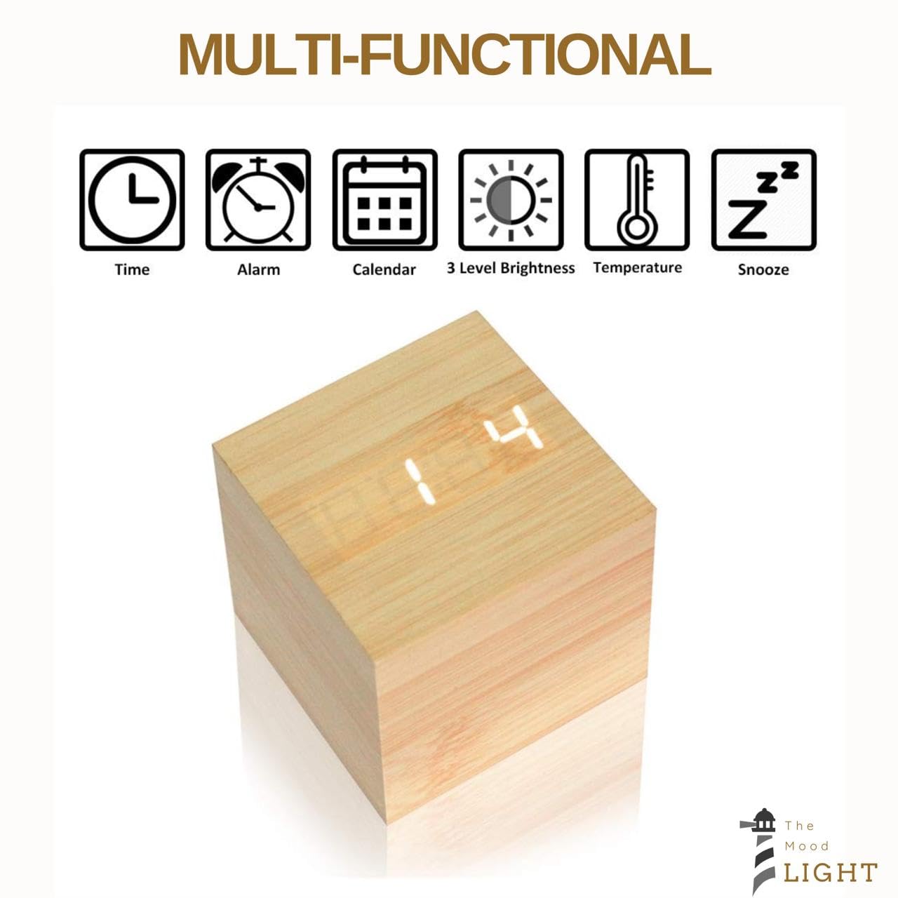 Modern Wooden Digital LED Cube Clock with Alarm, Temperature Display, Snooze, Voice Control, and Energy-Saving Mode (Wood)