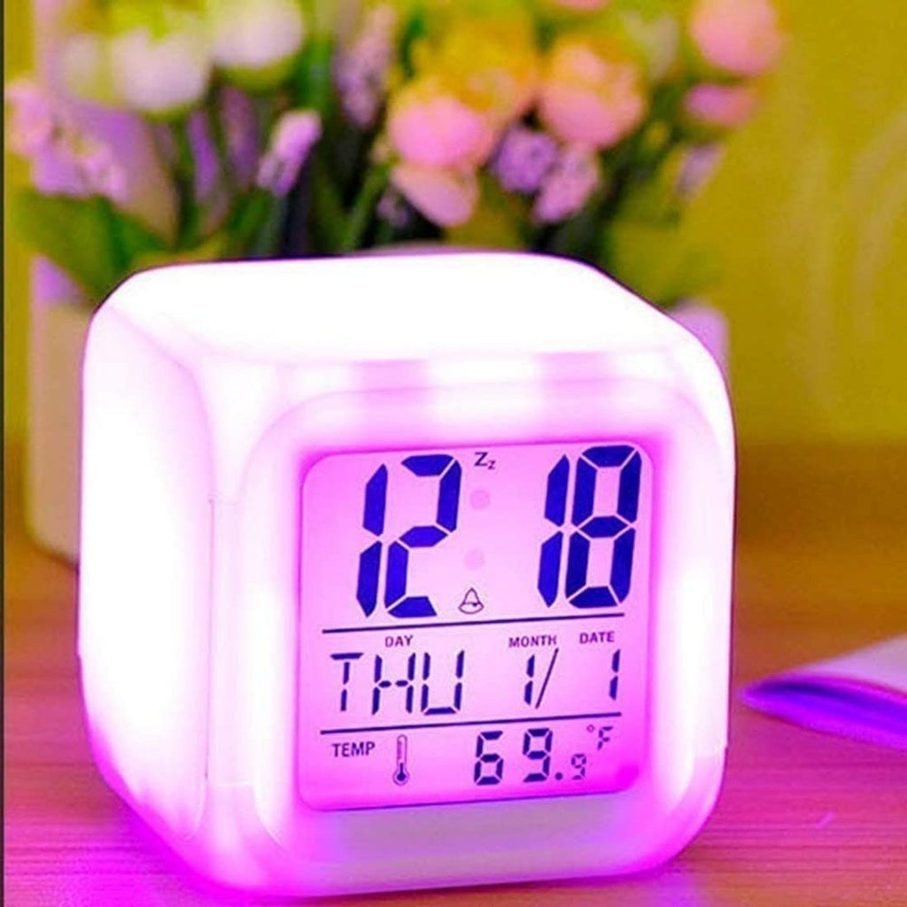 7 Color Changing Led Digital Alarm Clock with Date Time, Multicolor