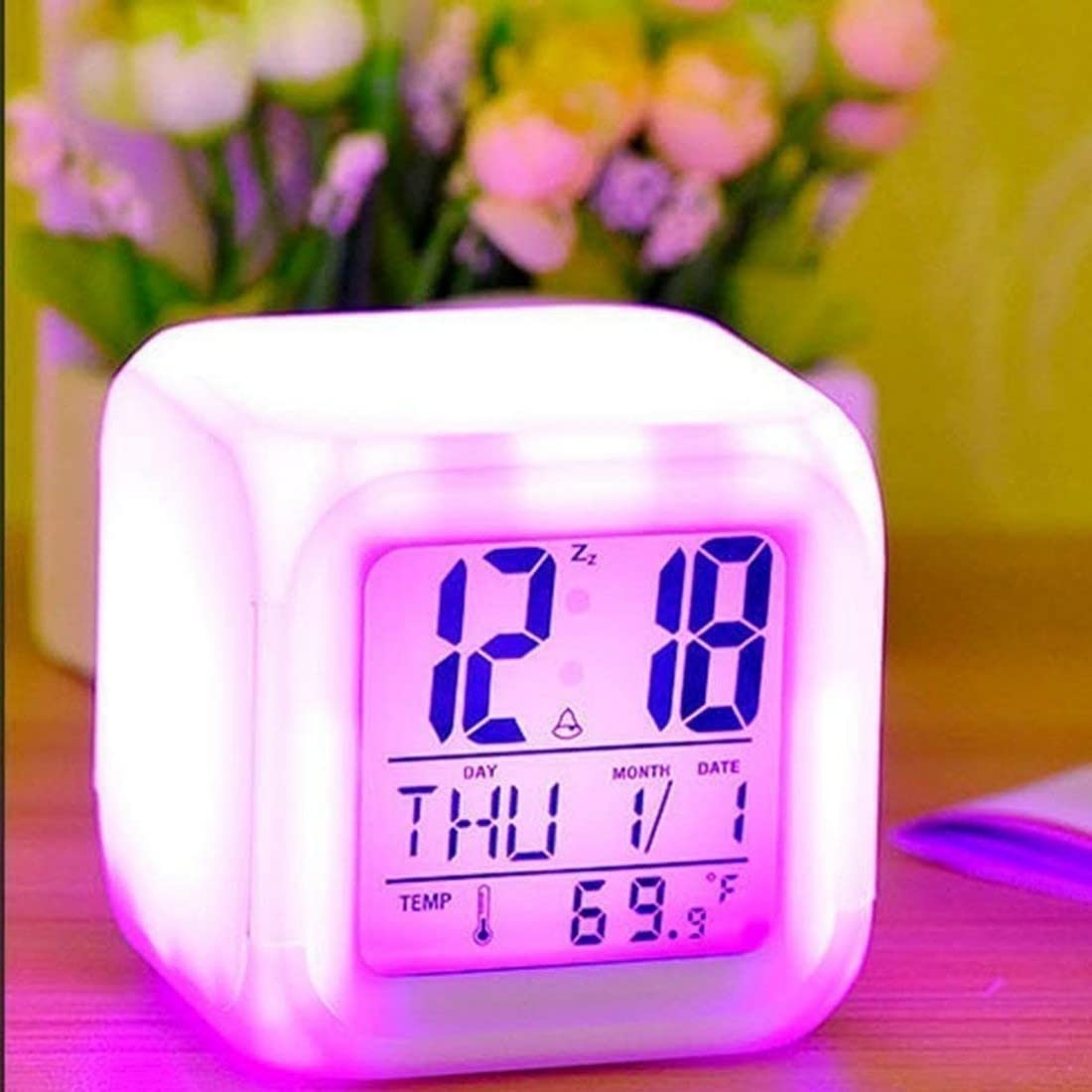 7 Color Changing Led Digital Alarm Clock with Date Time, Multicolor