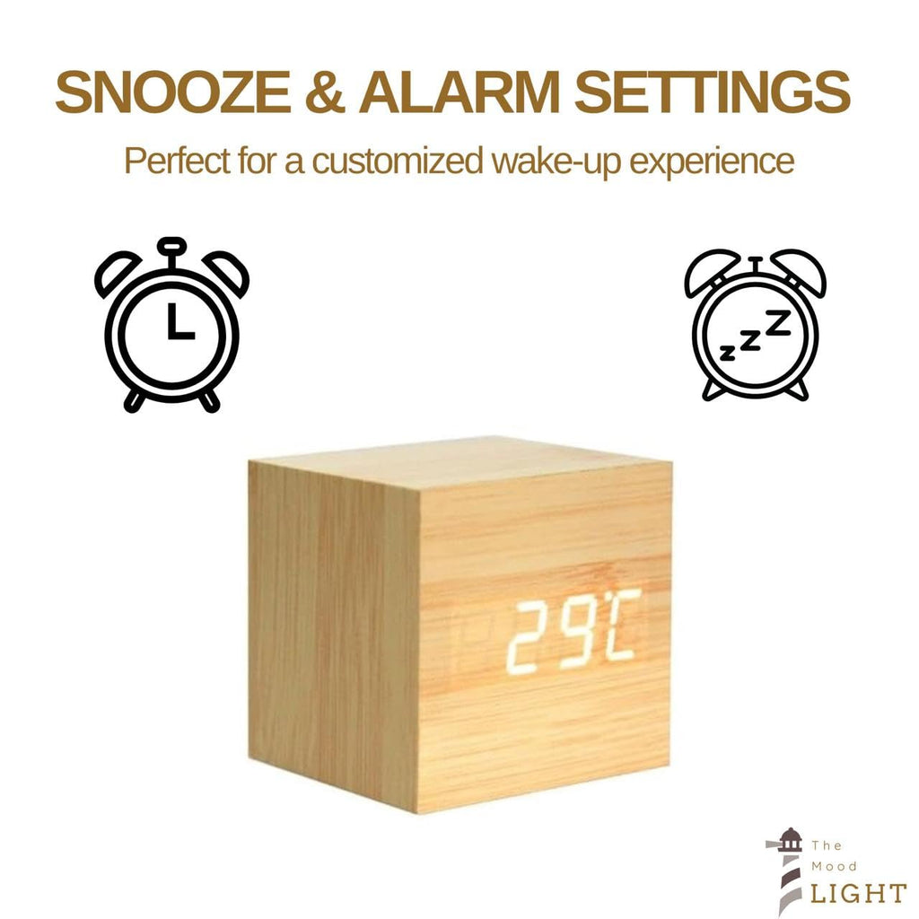 Modern Wooden Digital LED Cube Clock with Alarm, Temperature Display, Snooze, Voice Control, and Energy-Saving Mode (Wood)