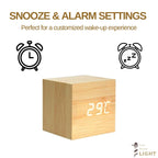 Modern Wooden Digital LED Cube Clock with Alarm, Temperature Display, Snooze, Voice Control, and Energy-Saving Mode (Wood)