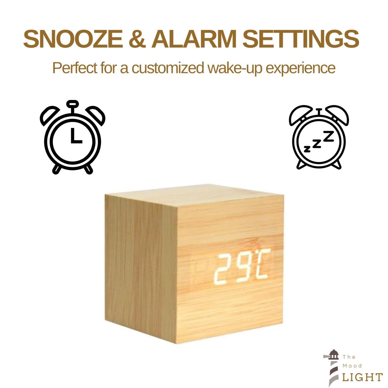 Modern Wooden Digital LED Cube Clock with Alarm, Temperature Display, Snooze, Voice Control, and Energy-Saving Mode (Wood)
