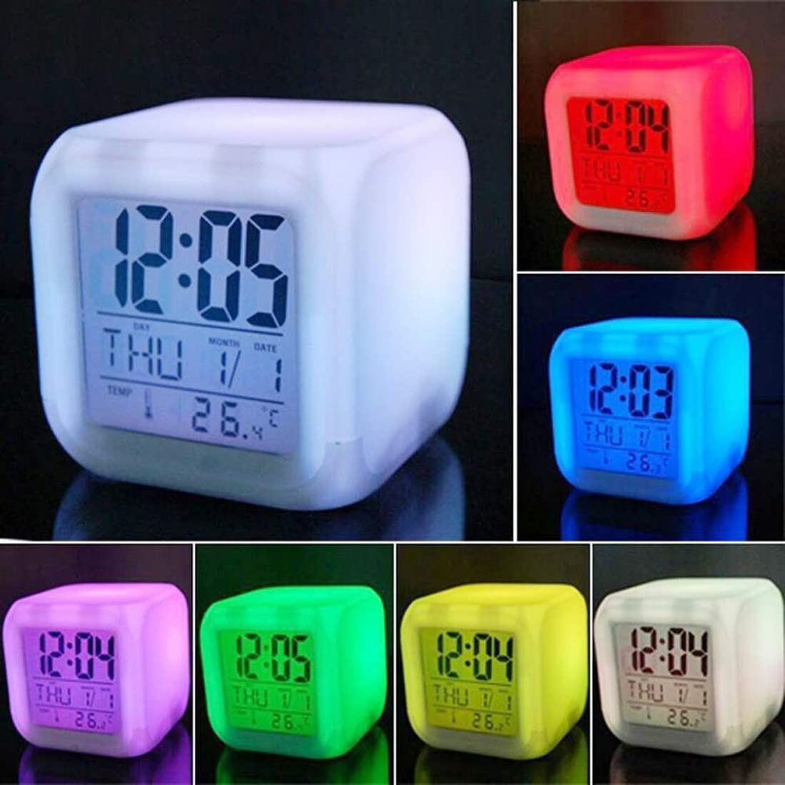 7 Color Changing Led Digital Alarm Clock with Date Time, Multicolor