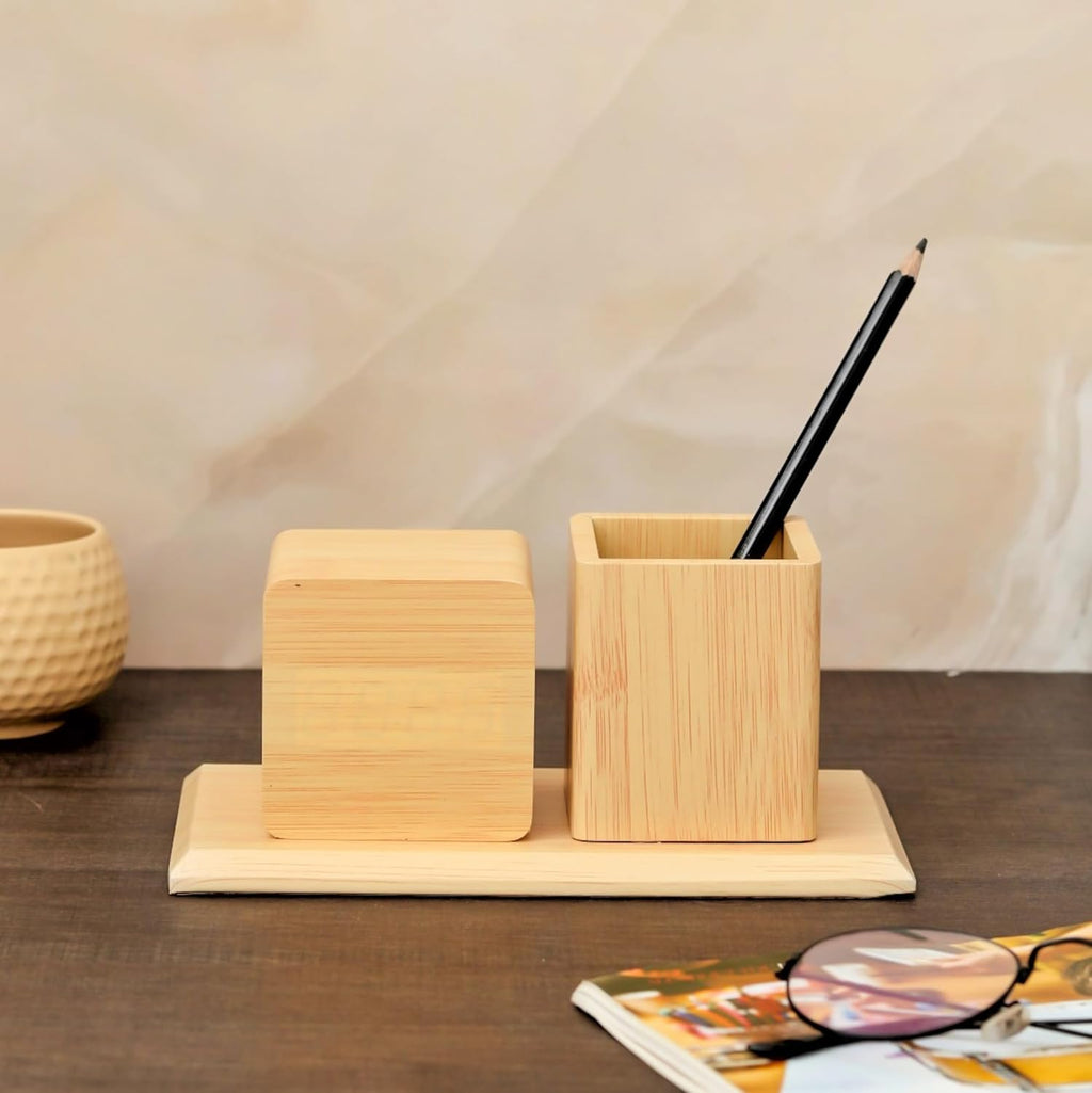 Wooden Digital Clock with Pen Holder- Golden