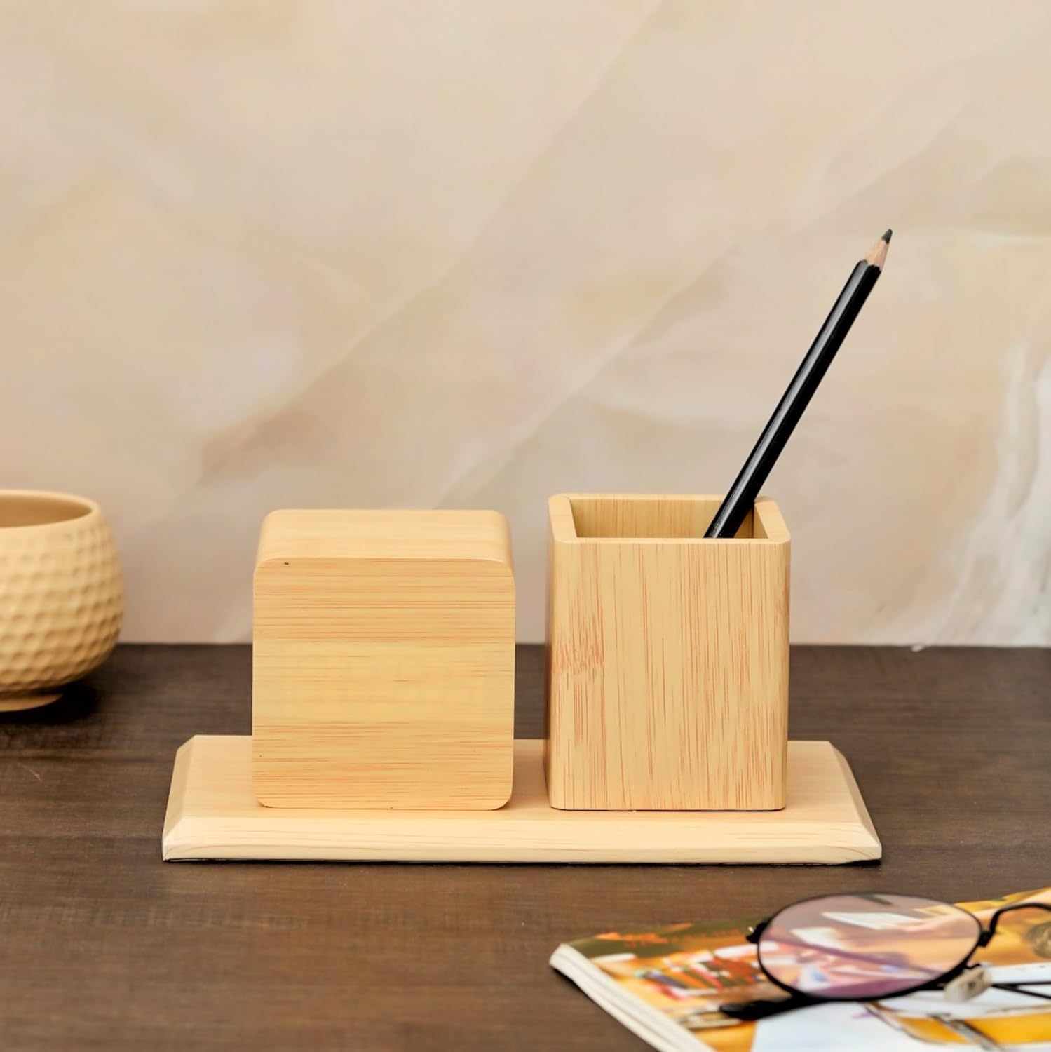 Wooden Digital Clock with Pen Holder- Golden