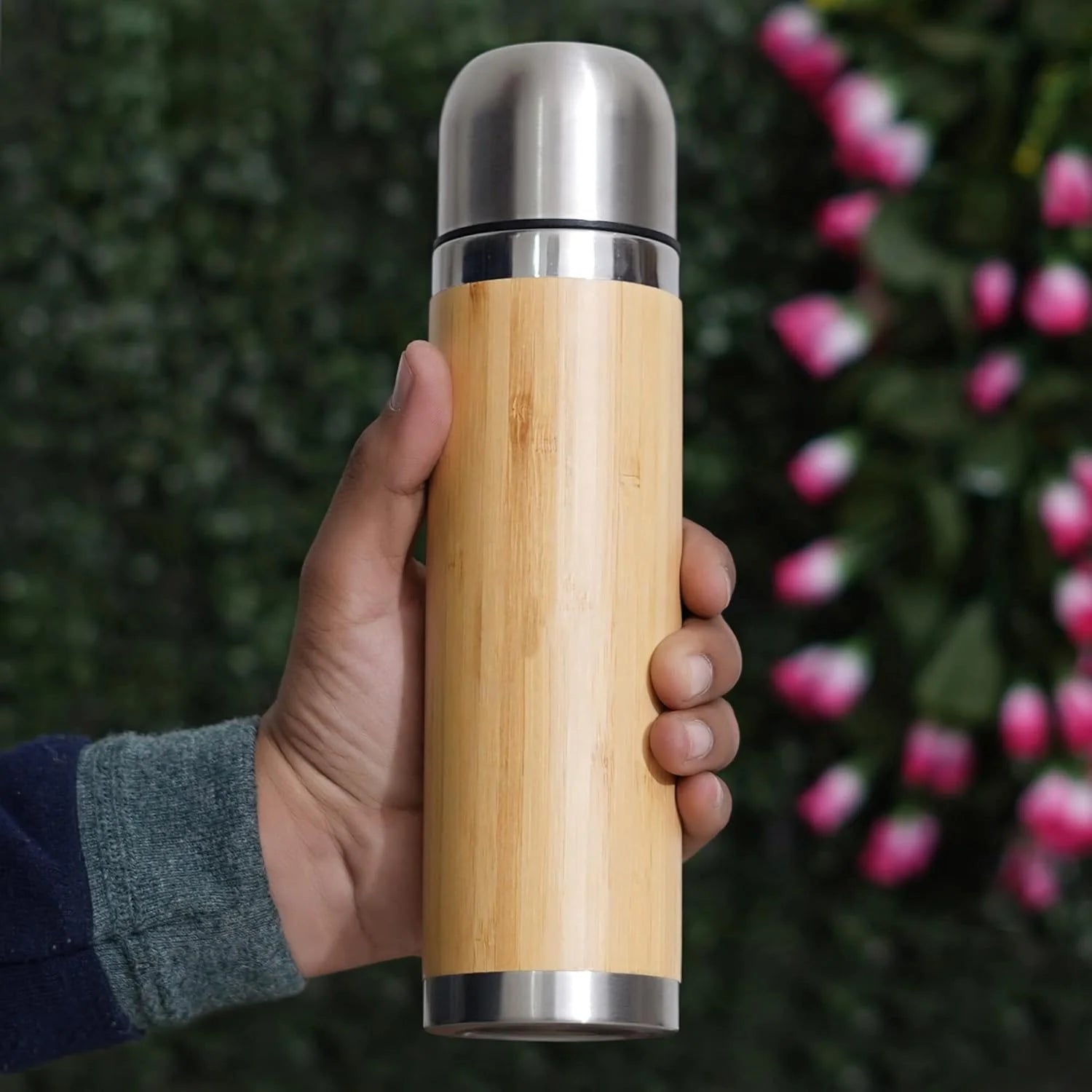 Steel Bamboo Thermos flask Hot Cold Insulated Coffee Mug For Travel 1pc Secondary image