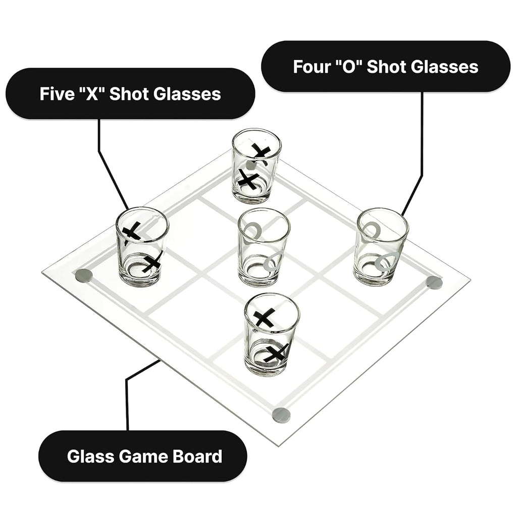 ZYOZ Tic Tac Shot Drinking Board Game – Premium Glass Tic Tac Toe Shot Glass Game Set with 9 Shot Glasses & Gridded Glass Board | Fun Party Games for Adults, College Apartment Essentials & Bar Decor