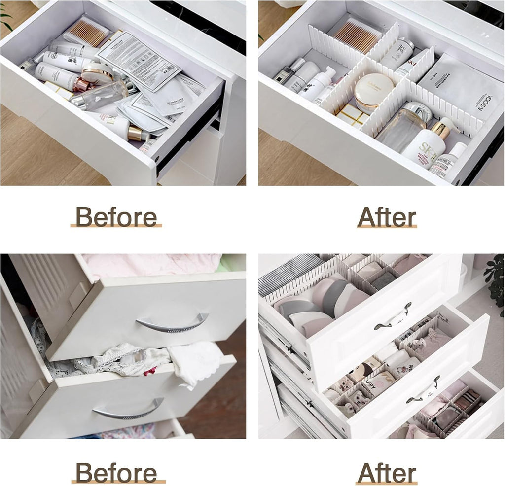 8 Adjustable Strips Interlocking Self Assembly Plastic Drawer Divider Storage Organizer - Grid Closet Partition Strips for Home, Office, Wardrobe, Cabinet (Pack of 8)