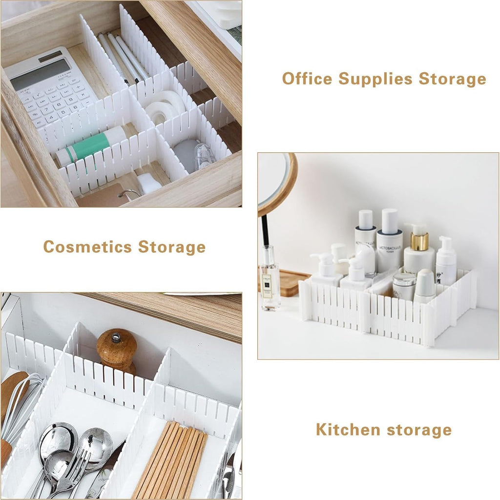 8 Adjustable Strips Interlocking Self Assembly Plastic Drawer Divider Storage Organizer - Grid Closet Partition Strips for Home, Office, Wardrobe, Cabinet (Pack of 8)