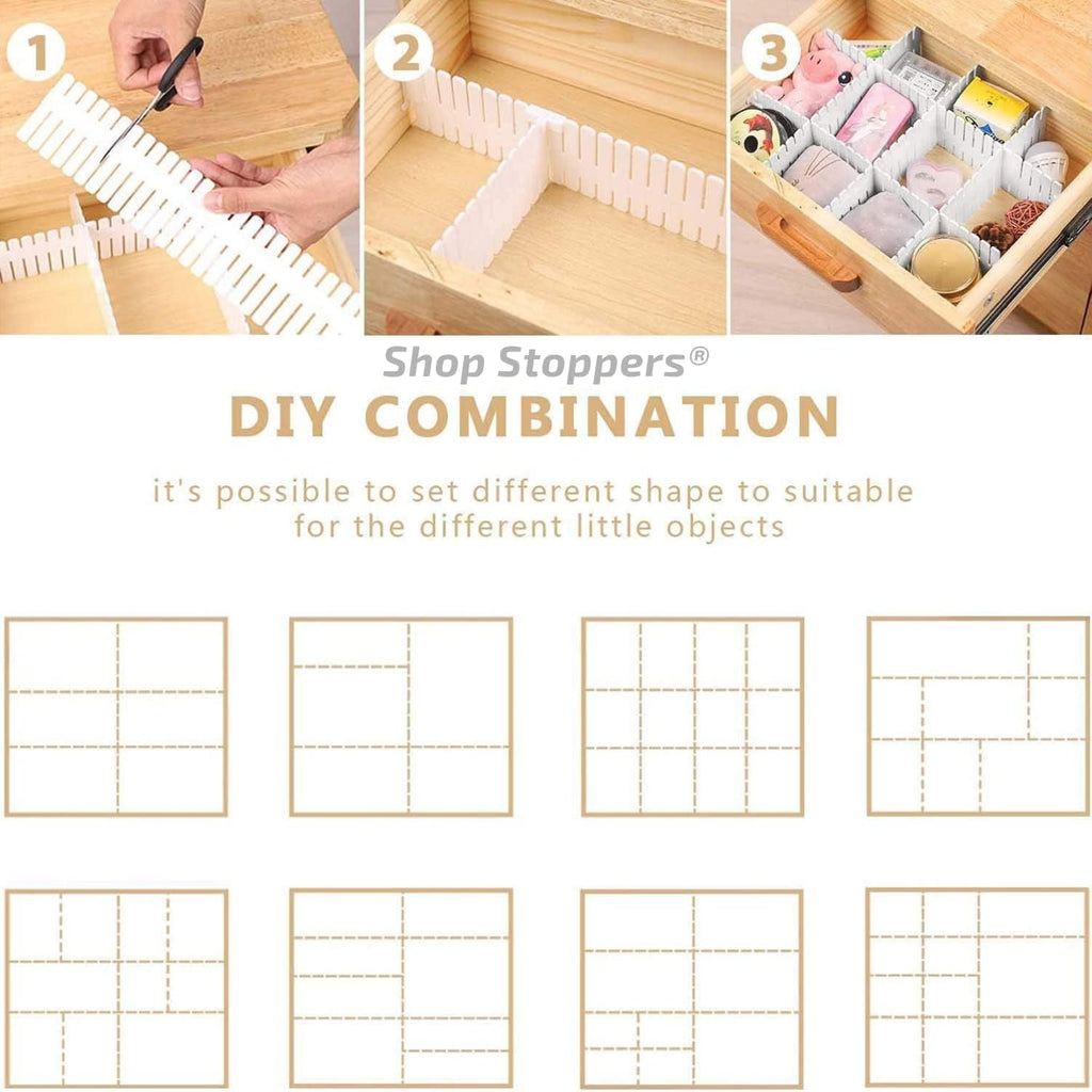8 Adjustable Strips Interlocking Self Assembly Plastic Drawer Divider Storage Organizer - Grid Closet Partition Strips for Home, Office, Wardrobe, Cabinet (Pack of 8)