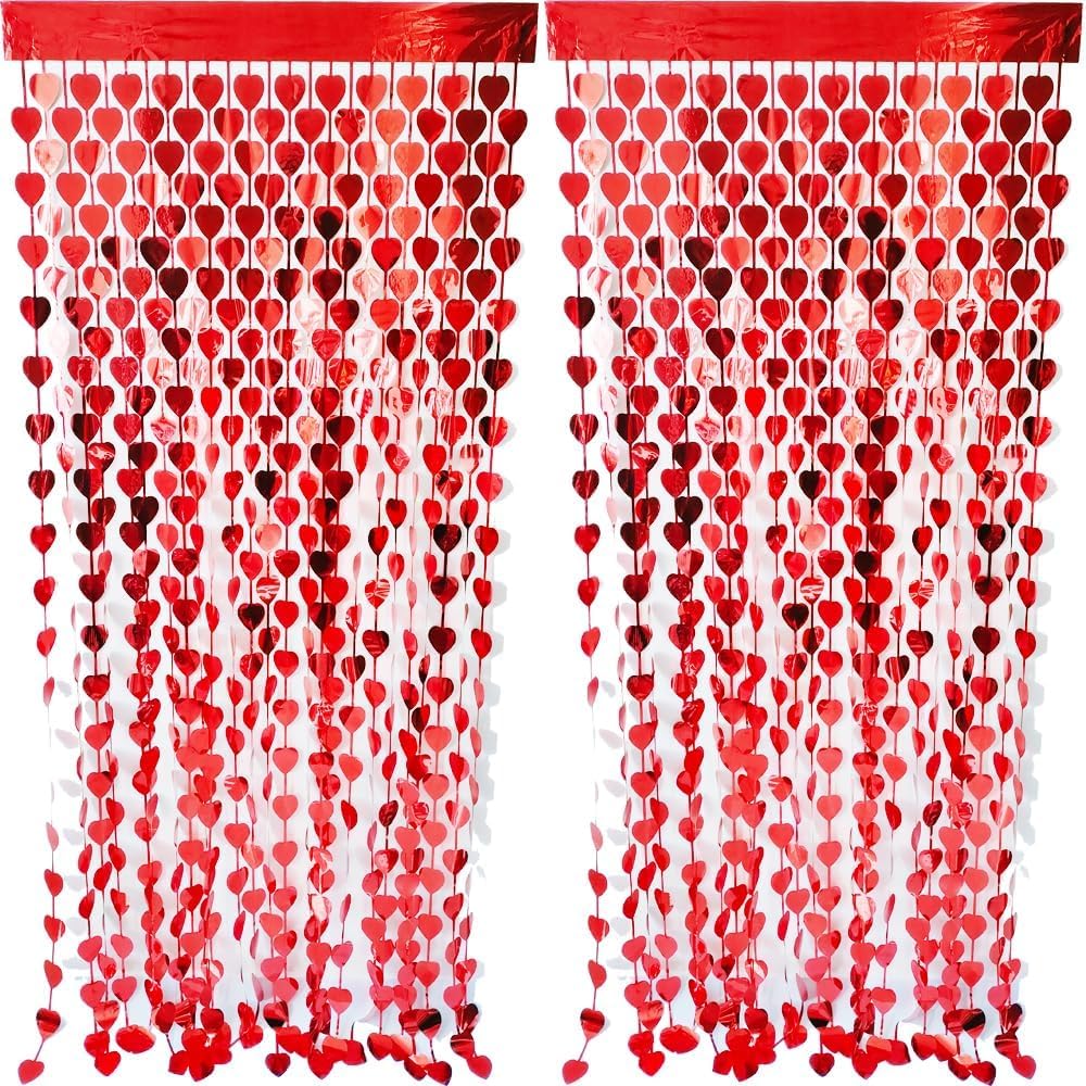 Red Heart Shape Metallic Foil Fringe Curtains for Party Decoration Window Door String Curtain Wedding Birthday Photo Booth Backdrop Party Tassel Main image