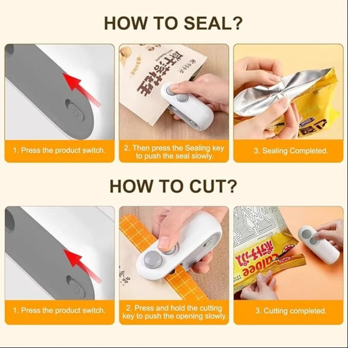 Mini Bag Sealer, Rechargeable 2 in 1 Bag Sealer Heat Seal with Cutter, Portable Bag Resealer for Chip Bags, Plastic Bag Sealer Machine for Snacks and Freshness Food Storage