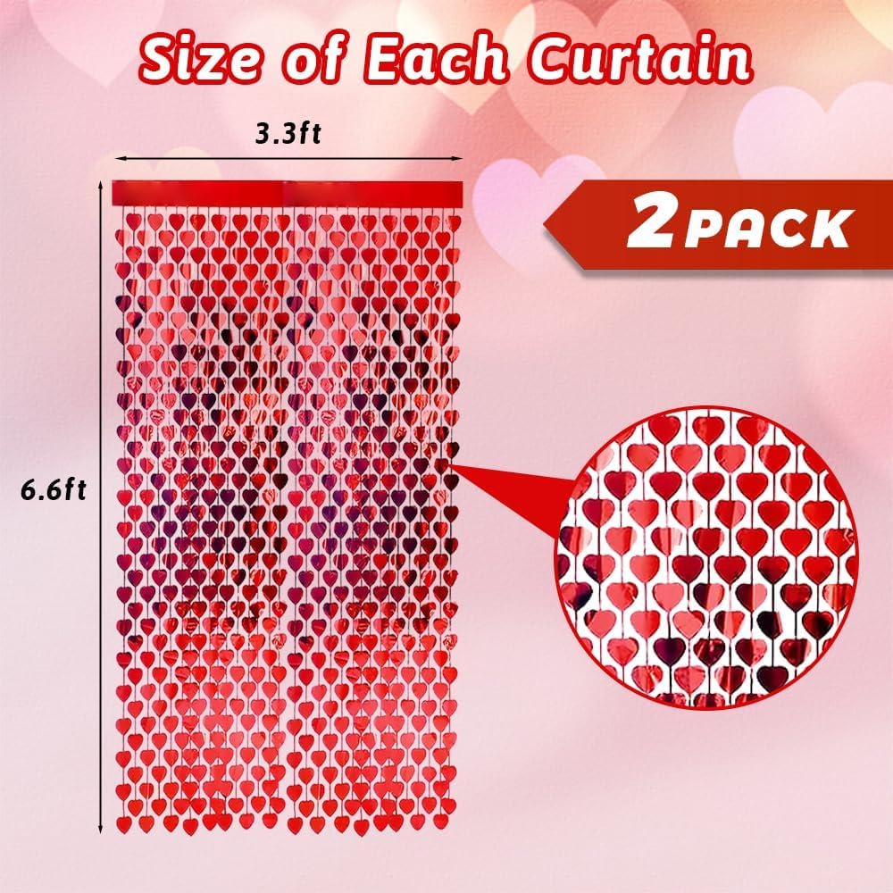 Red Heart Shape Metallic Foil Fringe Curtains for Party Decoration Window Door String Curtain Wedding Birthday Photo Booth Backdrop Party Tassel