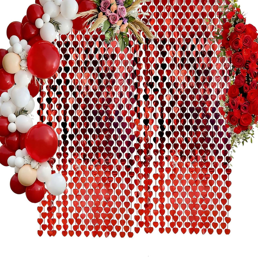 Red Heart Shape Metallic Foil Fringe Curtains for Party Decoration Window Door String Curtain Wedding Birthday Photo Booth Backdrop Party Tassel