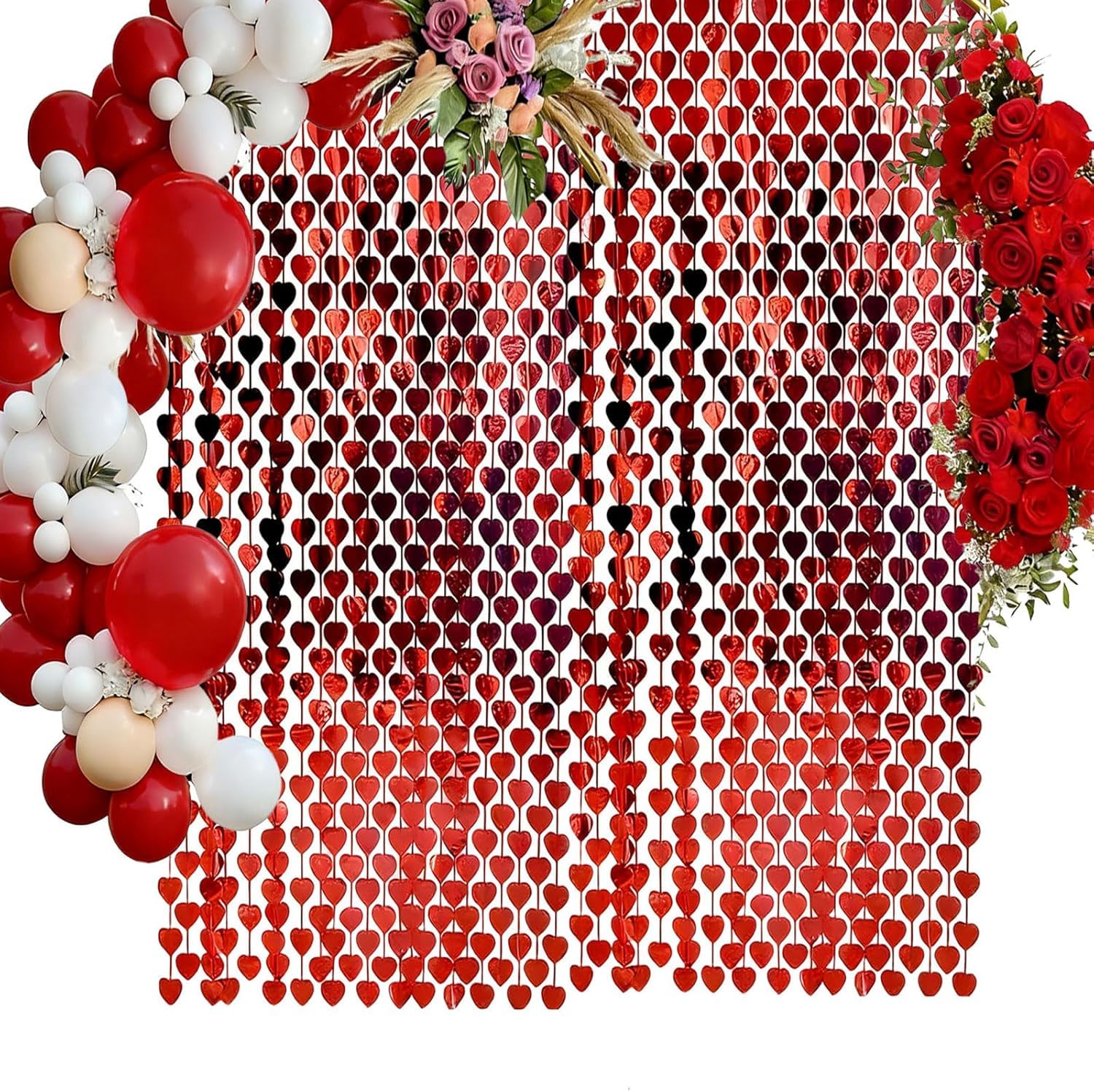 Red Heart Shape Metallic Foil Fringe Curtains for Party Decoration Window Door String Curtain Wedding Birthday Photo Booth Backdrop Party Tassel