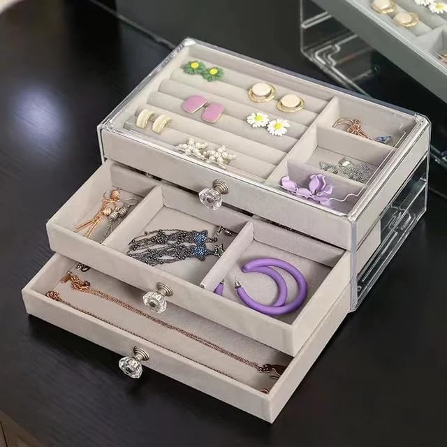 Acrylic Jewelry Box, 3 Drawers Velvet Jewelry Organizer for Ring Earring Necklace Bracelet Display Clear Acrylic Jewelry Storage Case Gift for Women Ladies Girls