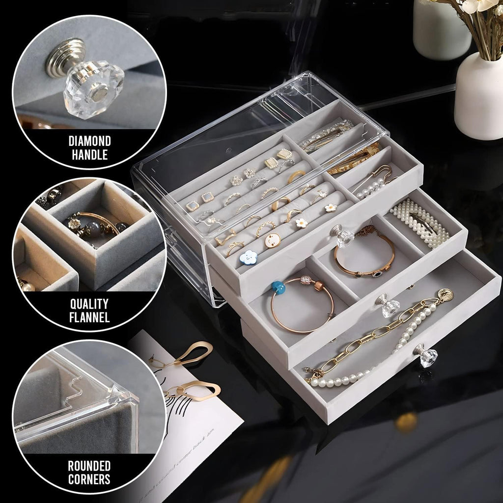 Acrylic Jewelry Box, 3 Drawers Velvet Jewelry Organizer for Ring Earring Necklace Bracelet Display Clear Acrylic Jewelry Storage Case Gift for Women Ladies Girls