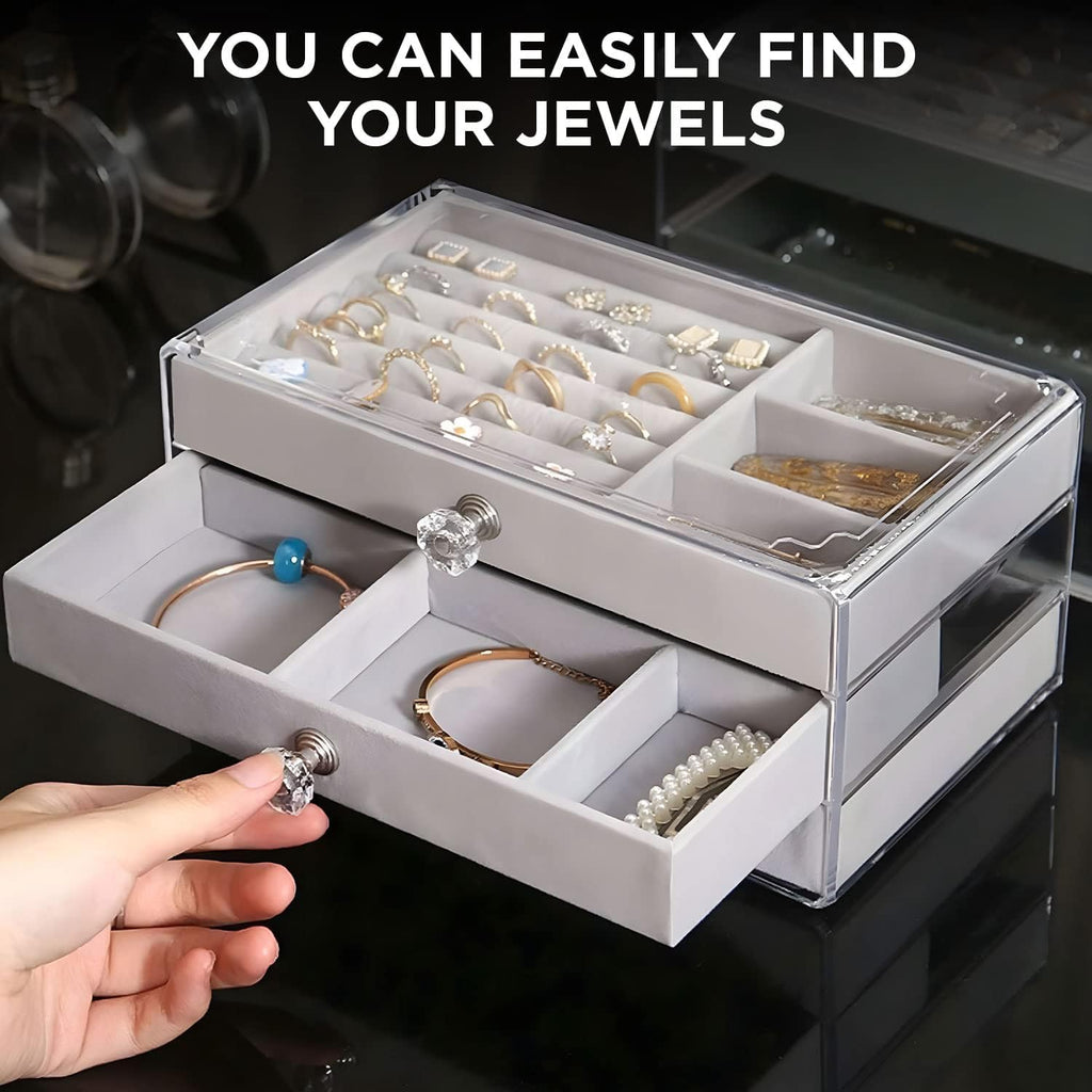 Acrylic Jewelry Box, 3 Drawers Velvet Jewelry Organizer for Ring Earring Necklace Bracelet Display Clear Acrylic Jewelry Storage Case Gift for Women Ladies Girls