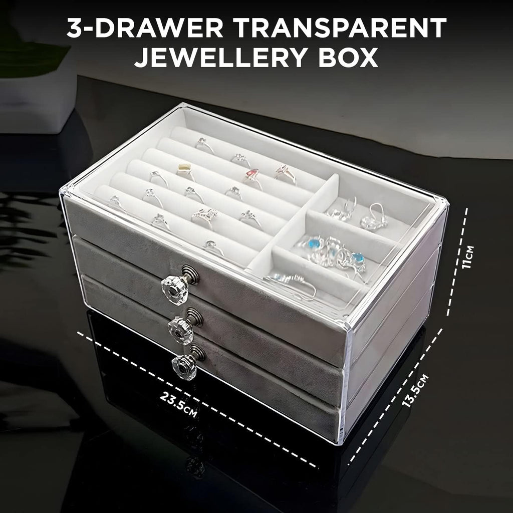 Acrylic Jewelry Box, 3 Drawers Velvet Jewelry Organizer for Ring Earring Necklace Bracelet Display Clear Acrylic Jewelry Storage Case Gift for Women Ladies Girls