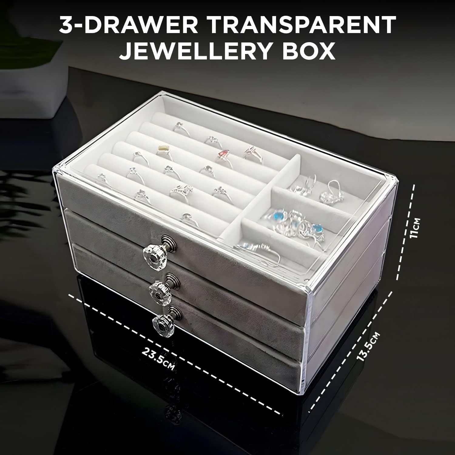 Acrylic Jewelry Box, 3 Drawers Velvet Jewelry Organizer for Ring Earring Necklace Bracelet Display Clear Acrylic Jewelry Storage Case Gift for Women Ladies Girls