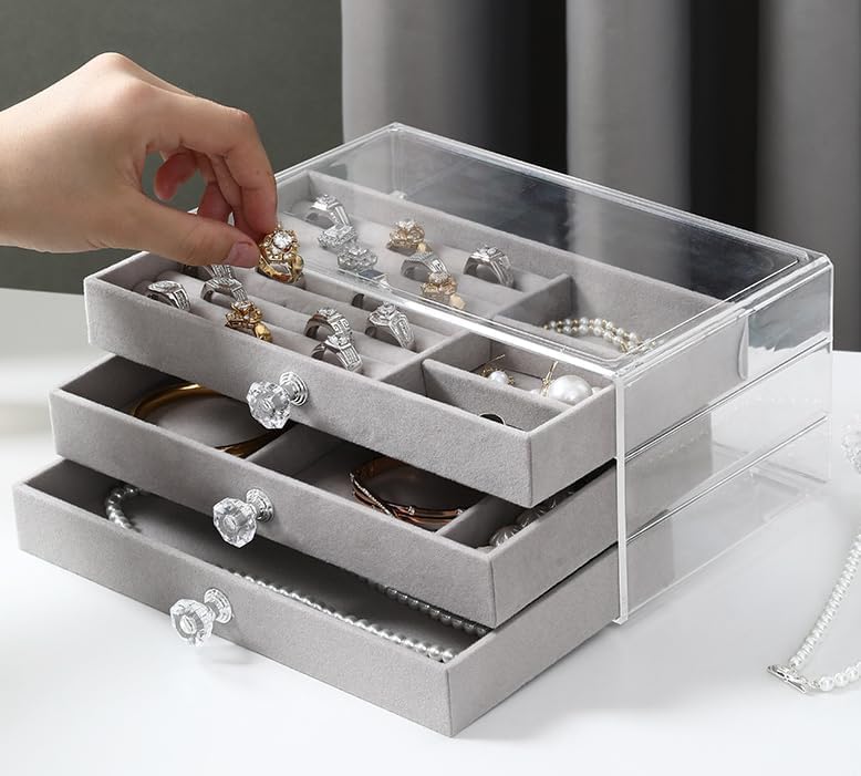 Acrylic Jewelry Box, 3 Drawers Velvet Jewelry Organizer for Ring Earring Necklace Bracelet Display Clear Acrylic Jewelry Storage Case Gift for Women Ladies Girls