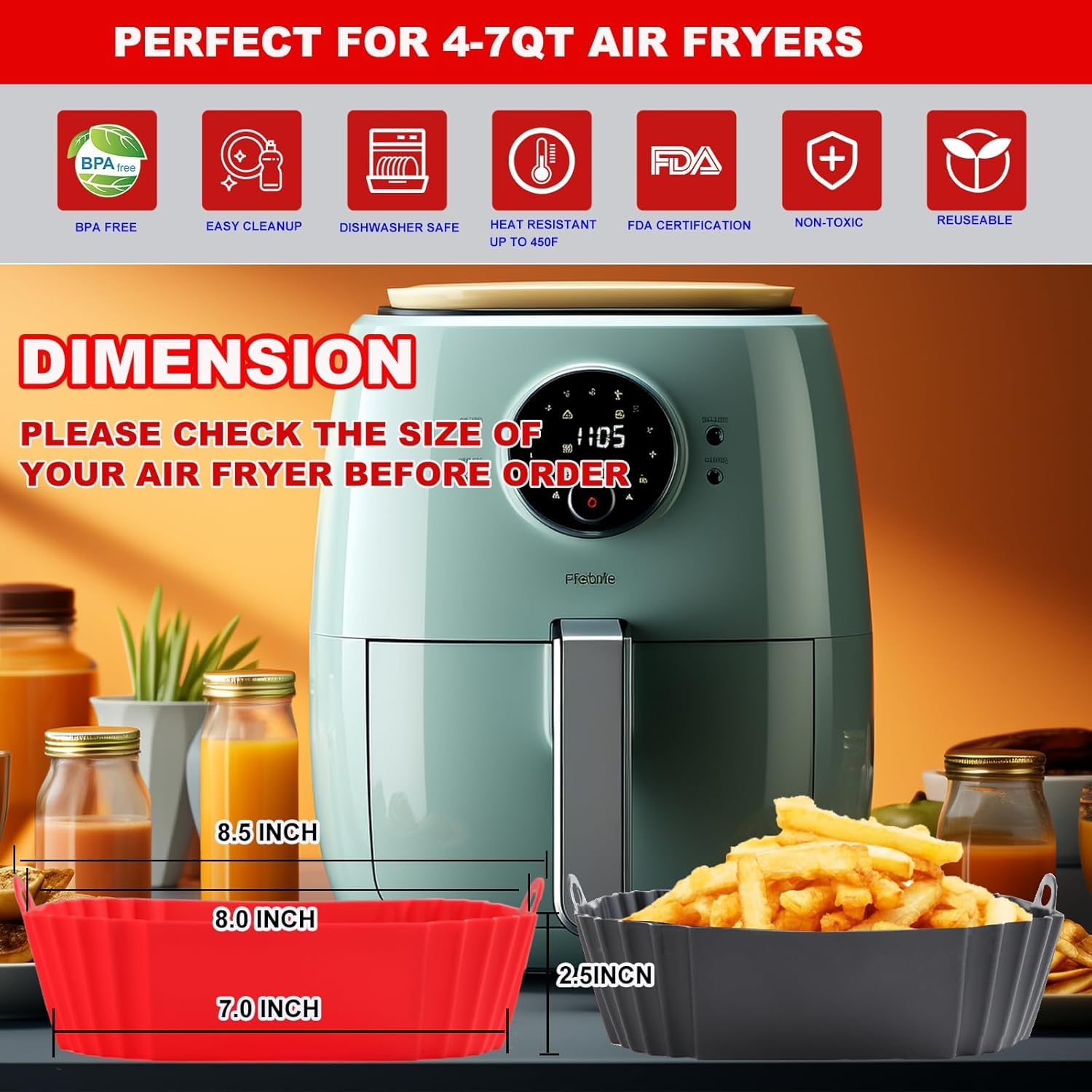 ZYOZ Square Silicone Air Fryer Liners (2-Pack) Reusable Food Grade 4 to 7 QT Air Fryers – Non-Stick Dishwasher Safe Accessories for Oven & Microwave
