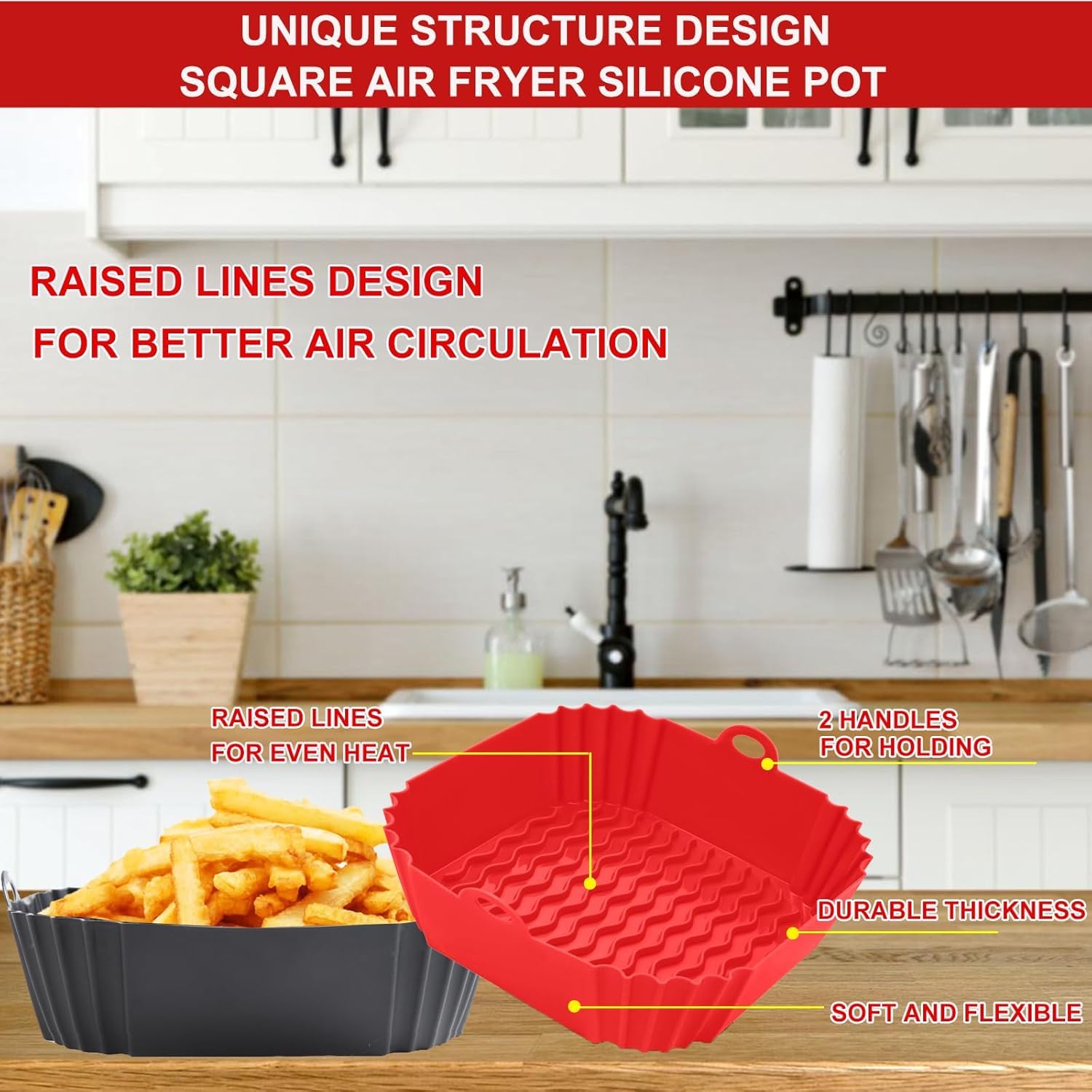 ZYOZ Square Silicone Air Fryer Liners (2-Pack) Reusable Food Grade 4 to 7 QT Air Fryers – Non-Stick Dishwasher Safe Accessories for Oven & Microwave