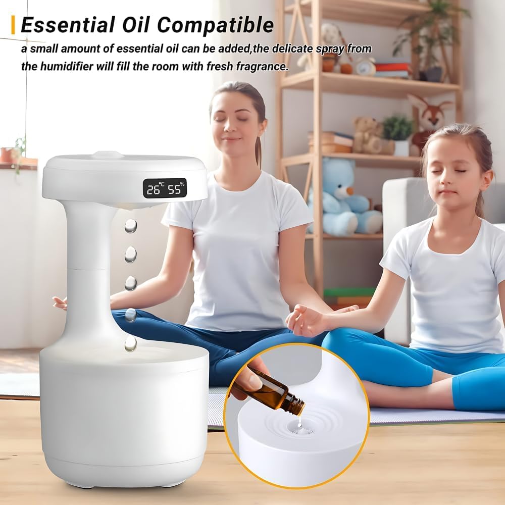 3D Antigravity Water Drop Humidifier with LED Light & Digital Clock | Cool Mist Aroma Diffuser for Home, Bedroom, Office | Air Purifier, Night Lamp & Relaxing Decor Gift