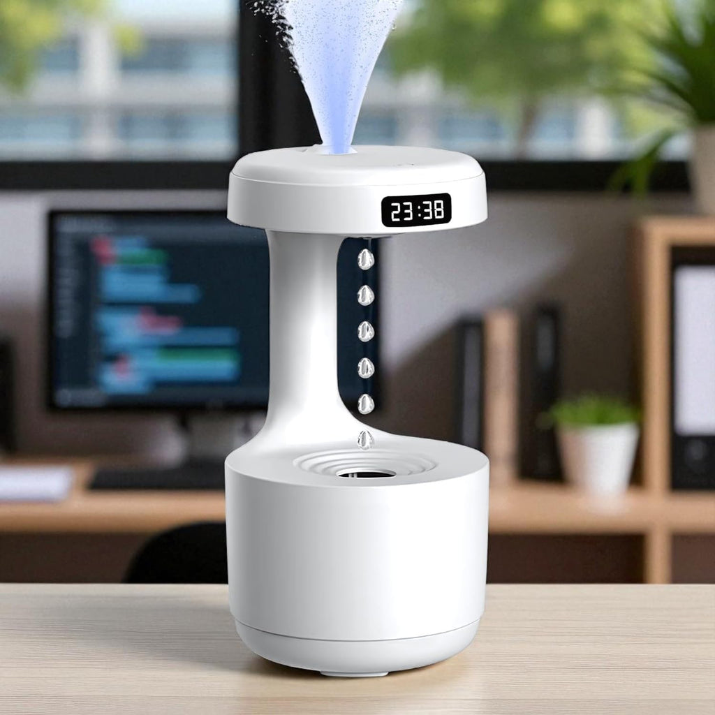 3D Antigravity Water Drop Humidifier with LED Light & Digital Clock | Cool Mist Aroma Diffuser for Home, Bedroom, Office | Air Purifier, Night Lamp & Relaxing Decor Gift