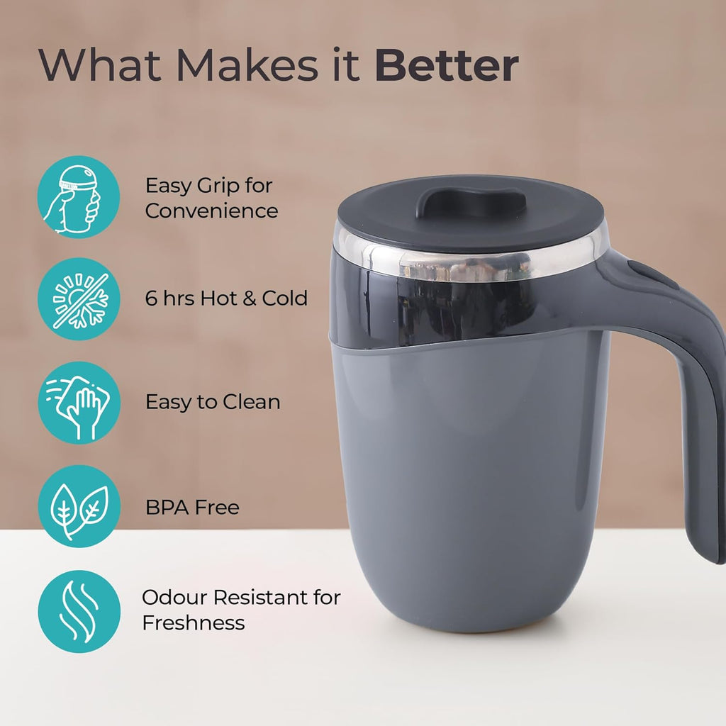 ZYOZ  Anti Fall Tumbler Stainless Steel with Lid & Handle (500ml) | Doubled Walled Insulated Coffee Mug| Diwali Gift for Friends & Family | Insulated Coffee Tumbler for Home | Black-Grey